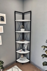 5 Raflı Metal Köşe Kitaplık Rafı Dekoratif Aksesuar Rafı Beyaz